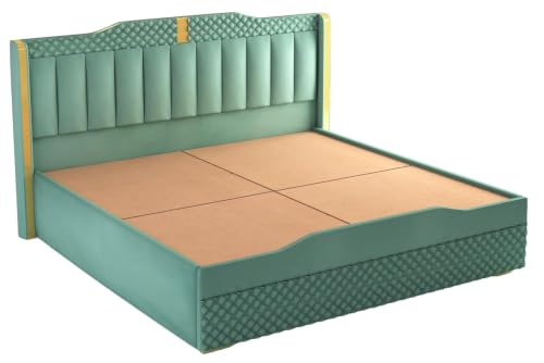 Image of MODESTY WOODS Cozy Upholstered Queen Size Bed with Box Storage for Bedroom | Elegant Wooden Double Bed with Storage | Platform Cot Palang with Upholstery Headboard | 6.5 x 5 Ft | Solid Wood | Grey