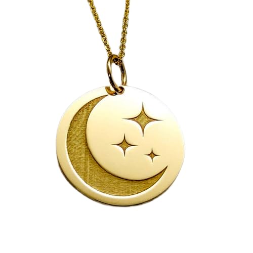 Collier pendentif pièce gravée lune étoiles argent plaqué or chaîne 45cm unisexe