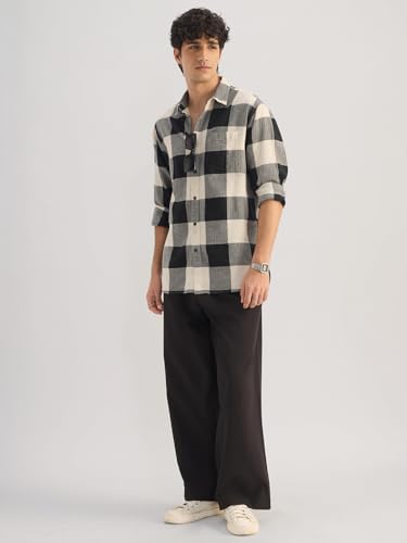 Image of The Souled Store: Blue Sails Men and Boys Long Sleeve Collared Neck Button Front Blue and Cream Checked Embroidered Regular Fit Cotton Linen Shirt