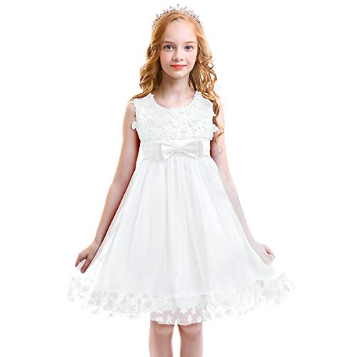 FYMNSI Vestido de Niña de Las Flores Niños Bebé Boda Dama de Honor Princesa Tutu Tul Vestido Corto Sin Mangas Bowknot Fiesta de Cumpleaños Cóctel Noche Vestido de Bola Blanco 5-6 Años