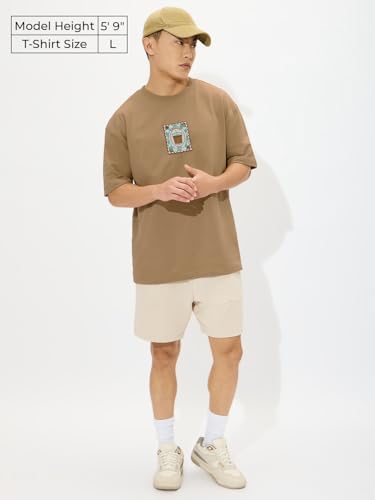 Image of The Souled Store Chai Stamp Men and Boys Short Sleeves Round Neck Brown Graphic Printed Cotton Oversized T-Shirts