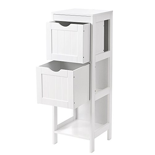 VASAGLE BBC42WT Corner Bedside Table Medicine Cabinet Storage for Bathroom Wooden 1 Open Compartment 2 Drawers Feet Country House Style White, MDF panels, 30 x 89 x 30 cm VASAGLE BBC42WT Corner Bedside Table Medicine Cabinet Storage for Bathroom Wooden 1 Open Compartment 2 Drawers Feet Country House Style White, MDF panels, 30 x 89 x 30 cm