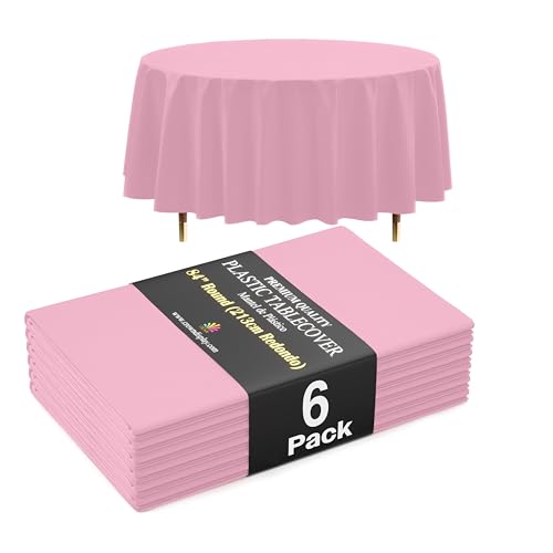 Nappe ronde en plastique rose premium 66% plus épaisse Exquisite 0,5 mil, lot de 6, nappe ronde de 213 cm, ne se déchire pas facilement comme les marques bon...