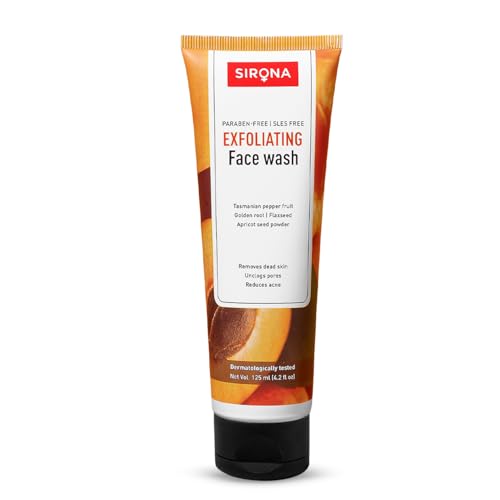 Sirona Exfoliating Face Wash for Men & Women 125 ML | Natural Face Cleanser with Apricot & Mint | Hydrating, Anti-Aging, Fights Acne & Blackheads | For All Skin Types, Daily Use