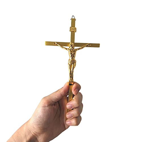 Crucifixo de Metal de Parede Dourado Estilizada Pequena Decorativa 20cm Elegante Moderna Metalizada