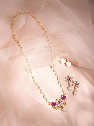 Juego de collar de perlas blancas y colgante de rubí rosa en latón talla S 3