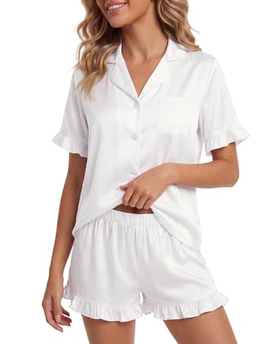 Image of Umenlele Women's 2 Piece Satin Pajama Set Cute Ruffle Short Sleeve Button Down Shirt with Shorts Summer Pjs