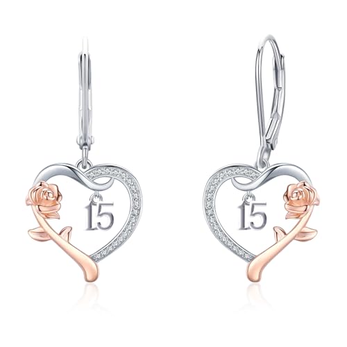 13th/ 15th/ 16th/ 18th/ 50th/ 80th Birthday Gifts for Women Daughter 925 Sterling Silver Love Heart Rose Flower Leverback Drop & Dangle Earrings Birthday Mothers Day Christmas Anniversary Graduation Jewelry