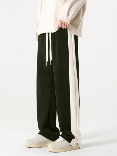 Image of GRECIILOOKS Trouser for Men | Man Relaxed Fit Trousers Twill Track Style | Straight Fit Wide Leg Trousers for Mens with Drawstring Waist | Korean Casual Travel Streetwear Pants