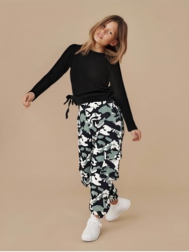 Image of Azmxynol Girls Clothes 2 Piece Outfit Ribbed T-Shirt Top + Cargo Pants, Girls Fall Clothing Set, Sizes 5-16 Years