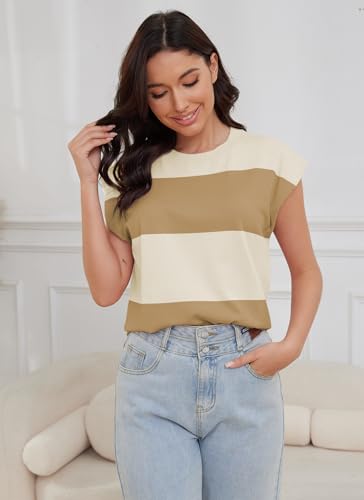 Image of HVT Womens Sweater Vest Cap Sleeve Tops Summer Loose Fashion Vest Striped Casual Shorts Sleeve Color Block Top Trendy Blouses