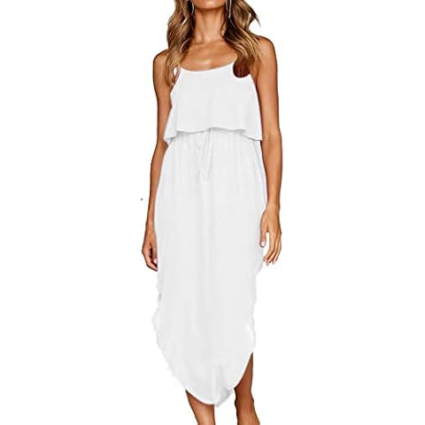 JayscreateEU Women's Beach Dress Summer Chiffon Dress Long Elegant Dress Swing Sling Sexy White Casual Dress, White, XL Cover
