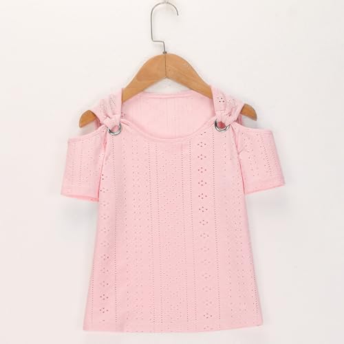 2025 Girls Shirts Soft Crewneck Off The Shoulder Eyelet Blouses Short Sleeve Basic Comfy Trendy Solid Color Tunics3