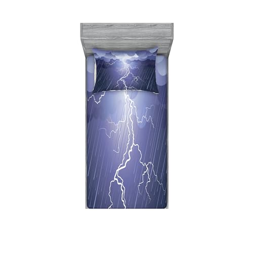 Ambesonne Night Fitted Sheet & Pillow Sham Set, Lightning Strike Thunderstorm in The Air at Dark Night Rainy Electric Force Bolts, Decorative Printed 2 Piece Bedding Decor Set, Twinxl, Lilac Purple