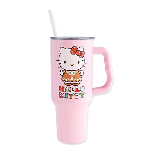 Silver Buffalo Sanrio Hello Kitty Holiday Gingerbread Dress Double Walled Stainless Steel Tumbler with Handle, Fits in Standard Cup Holder, 40 Ounces