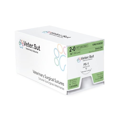 VeterSut VetLON Non-Absorbable Nylon Surgical Suture USP Size 2-0, (FS-1) 3/8 24mm Reverse Cutting Needle, 36 Inches (90 cm), 12 Count, Veterinary Use