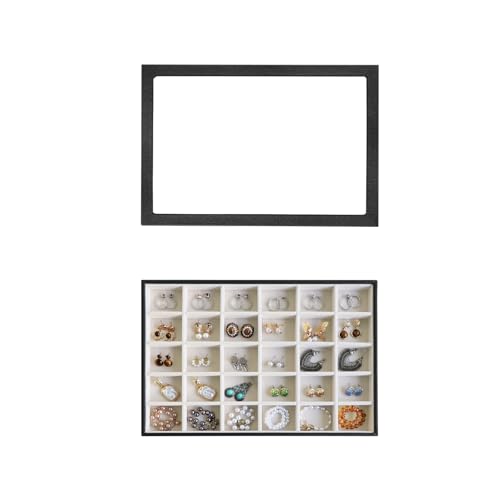 Image of Wudygirl Jewelry Organizer 30 Grid Jewelry Tray with Lid Earring Holder Organizer for Women Ring Earring Bracelet Holder Storage (Pu Black Beige)