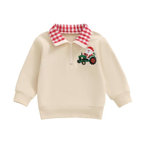 Toddler Boys Christmas Clothes Long Sleeve Santa/Christmas Tree Embroidery Sweatshirt Plaid Collared Zipper Shirt