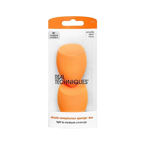 Real Techniques Miracle Complexion Sponge Duo, Makeup Blending Sponge, For Foundation, Offers Light To Medium Coverage, Natural, Dewy Makeup, Orange Sponge, Packaging May Vary, 2 Count #TOP1