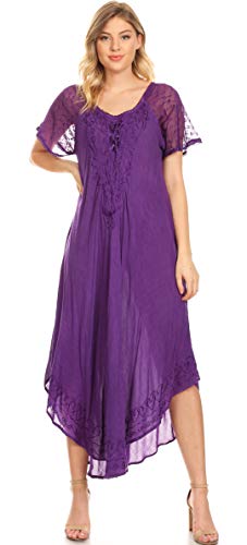 Image of Sakkas Egan Long Embroidered Caftan Dress /Cover Up with Embroidered Cap Sleeves