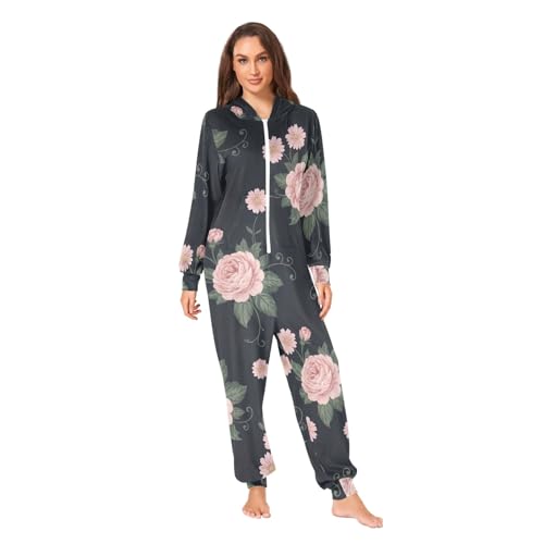 Combinaison vintage roses noires adulte, surpyjama polaire homme femme à poche