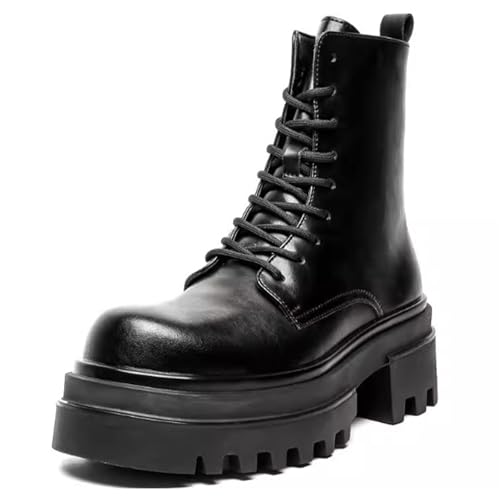 GHIBHNA Men'S Leather Platform Lace-Up Combat Boots Fashionable Round Head Chunky Heel Lug Sole Motorcycle Boots Non-Slip Outdoor Thick-Soled Riding Boots (black,12)