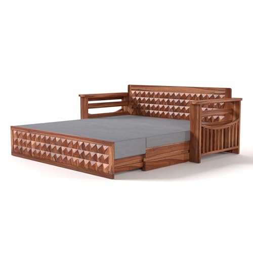 Image of Mamta Furniture Solid Sheesham Wood Sofa Set 3 Seater Furniture Wooden 3 Seater Sofa Cums Bed for Home Living Room with Cushions (Honey with Grey, 3 Seater Design 1)