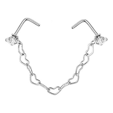 FENGGUO Gold Silver Plated Nostril Jewelry — Nose Bone Rhinestone Studs and 4cm Nose Chain,Stainless Steel Nose Rings Nostril Chain Jewelry for Women Cover