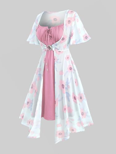 Image of ROSE GAL Rosegal Plus Size Women Sundress Set Flutter Sleeves Floral Dress and Lace-up Cami Dress