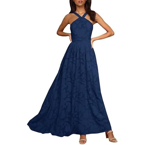 MITILLY Women's 2024 Summer Halter Neck Sleeveless Smocked Sundresses Backless Flowy A Line Maxi Dress with Pockets Medium Dark Blue Cover