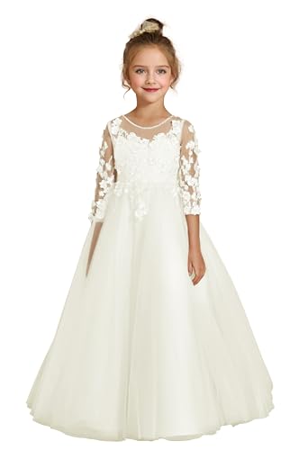 Birthday Party Princess Lace Maxi Gown Ivory Puffy Tulle Wedding Flower Girls Long Dresses for Kids Christmas Toddlers Baptism Dresses Ivory Size 10