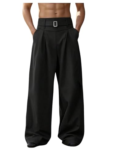 GORGLITTER Men's Baggy Dress Pants Wide Leg Pleated Trousers Belted Chino Pants with Pockets