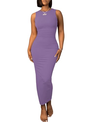 Image of Ulovmi Women's Maxi Bodycon Summer Dress Long Formal Ruched Sundress Elegant Casual Tank Sleeveless Dress Party Cocktail