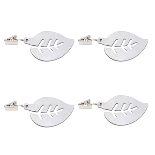OKUMEYR 4 Pinzas Porta Manteles de Acero Inoxidable Decorativas en Forma de Hoja para Restaurantes y Hogar, Resistentes y Fáciles de Transportar, Pack de 4 Unidades