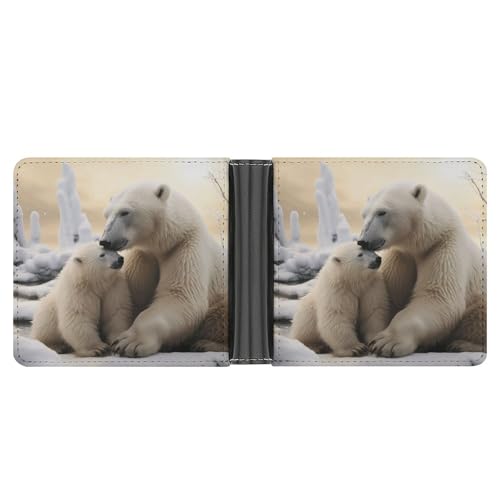 Men's Leather Wallet Bifold Wallet for Men Polar Bear Love Slim Wallet with Multiple Card Classic Passcase Mens Card Holder