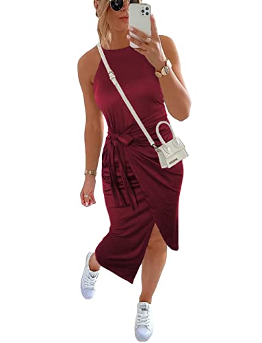 Image of NOLLSOM Women Casual Sleeveless Striped Tank Midi Dresses Halter Neck Ruched Bodycon Dresses Tie Waist T Shirt Summer Dress