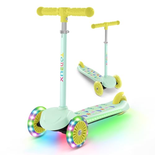 TONBUX 3 Wheel Tri Scooter Easy Folding System Height Adjustable Handlebars Tilt To Turn Steering Kids Aged 3+ Years (Mint)