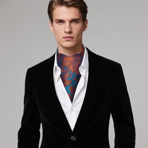 Image of Hi-Tie Silk Ascot for Men Self Tie Men's Cravat and Flower Lapel Pin Handkerchief Cufflinks Set for Wedding Party