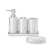 Home Harbour Modern Bathroom Collection | Set of 5 Bathroom Accessories | Soap Dispenser, Toothbrush Holder, Storage Holder, Tumbler, Tray Dish | Silver & White Décor Organiser (Set of 5 Collection)