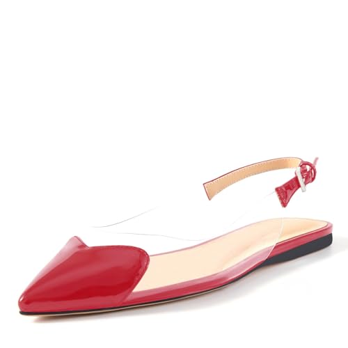 Women's Fashion Pointed Toe Heart Transparent PVC Slingback Flat Shoes Comfort Slip On Cap Toe Clear Ballet Flats Work Wedding Dress Flat Shoes for Women Red Size 7