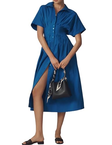 Image of Women's Striped Button Front Pleated Maxi Shirts Dress Short Sleeve Collar V Neck Summer Casual Corset Long Dress