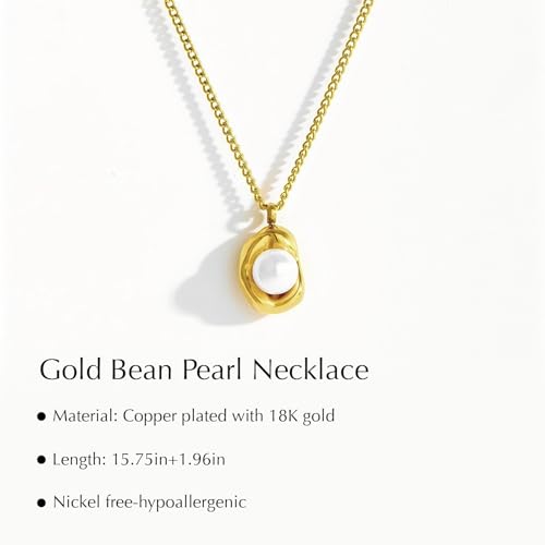 18K Gold Plated Pearl Pendant Necklace, Stainless Steel Gold Nugget Necklace with Freshwater Pearl, White Fritillaria - Trendy Jewelry2