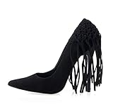 Privileged Tipsy Pointed Single Sole High Pitch Stiletto Heeled Fringe Pumps Black