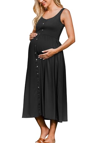 Ouges Womens Black Maternity Dress Casual Scoop Neck Maternity Clothes Pregnancy Midi Button Tank Dress Summer Sundress With Pockets 2024 cover