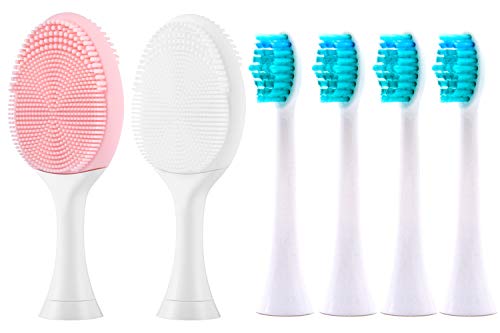 Face Cleanser and Massager Brush Silicone Facial Cleansing Brushes Compatible with PHILIP Sonicare Electric Toothbrush (White+Pink+4 Toothbrush Heads)