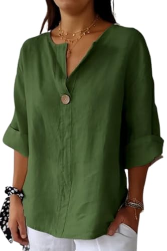 Women's V-Neck Cotton Linen Shirt Top 3/4 Roll-Up Sleeve Summer Casual Loose Solid Blouses Tunic Tops with Button