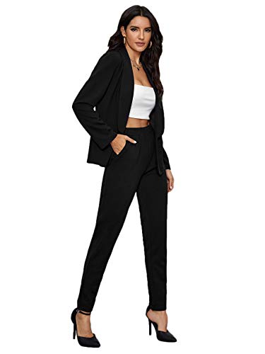 Shein Women's Open Front Solid Blazer Two Piece Slant Pocket Pants Set Outfits Black Medium #TOP4