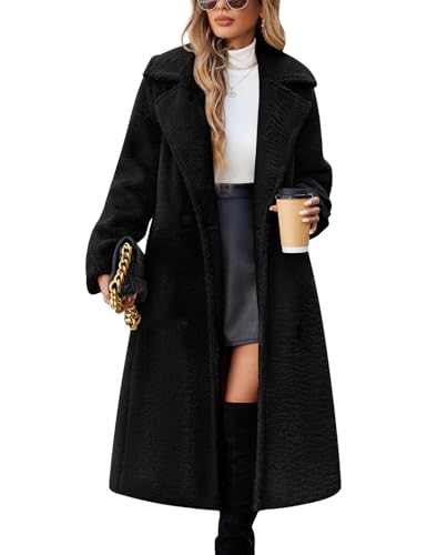 Yusongirl Women Fleece Long Coat Sherpa Cardigan Lapel Trench Jacket Oversized Button Faux Fur Fall Winter Outfit with Pocket(Black,M)