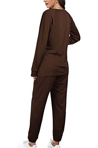 Sweatsuit For Women 2 Piece With Pockets O Neck Loose Workout Tops Brown M #TOP3
