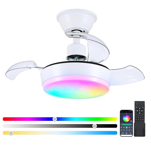 Kviflon Ventilateur de plafond avec lumière et télécommande, ventilateur de plafond moderne de 60 cm avec 3 pales rétractables, 6 vitesses de vent, RGB...